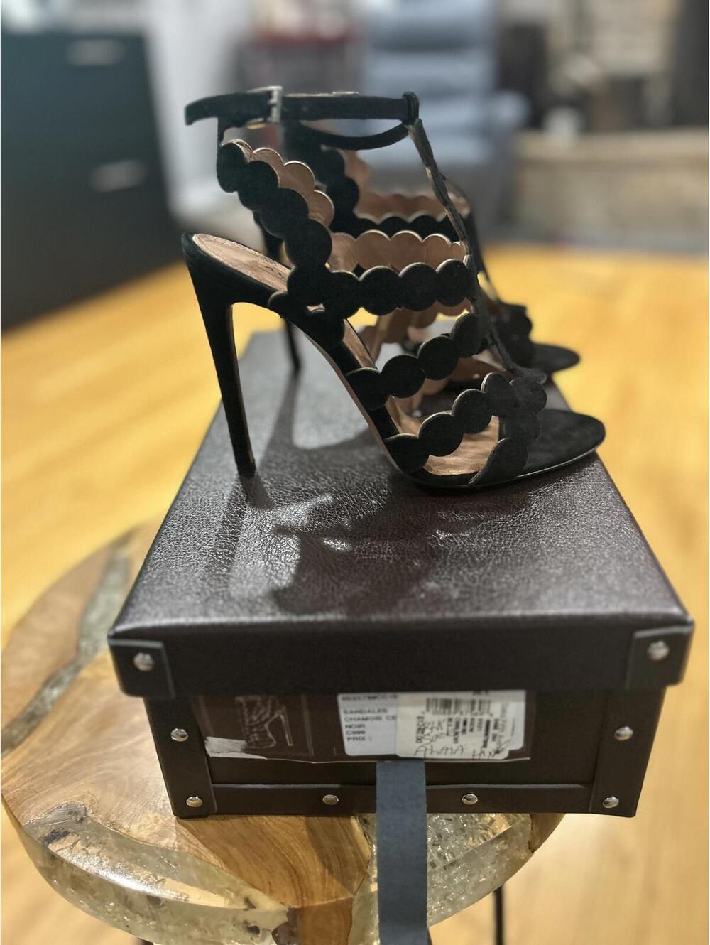 ALAIA Size 8 Black Suede Laser Cut Strappy Sandals 36.5